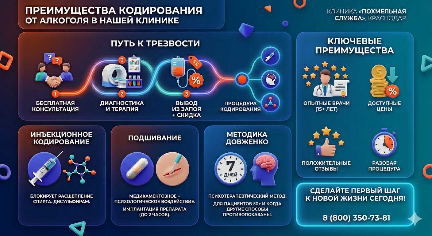 Инфографика о методах кодирования от алкоголя в Ашукино: инъекции, подшивание, метод Довженко. Преимущества клиники и этапы лечения.